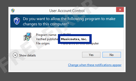 Screenshot where Musicnotes, Inc. appears as the verified publisher in the UAC dialog